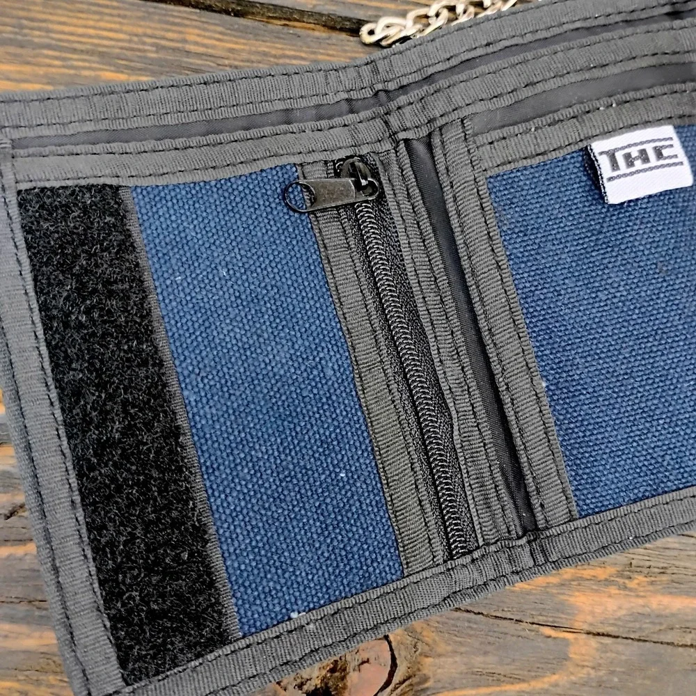 THC Highway 420 Blue Hook and Loop Embroidered Fabric TriFold Wallet With Chain